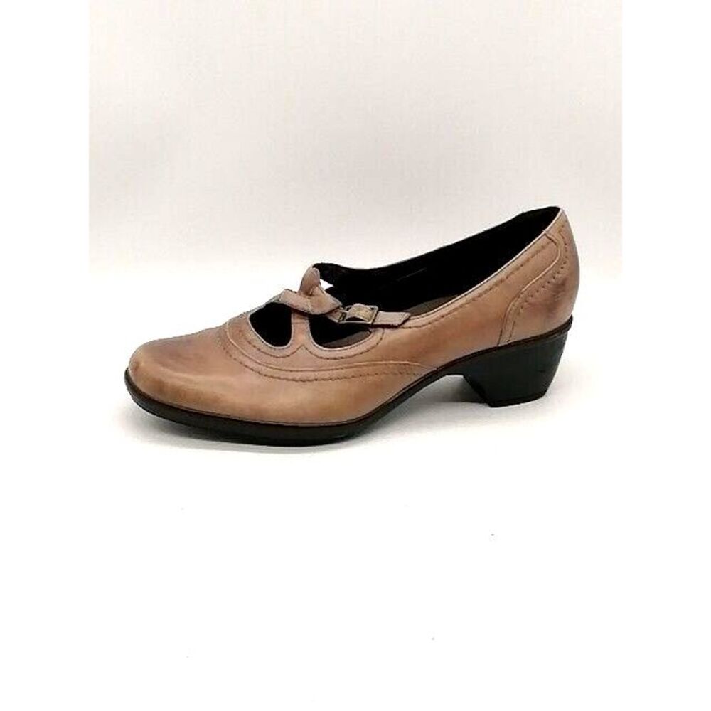 Clarks Pumps Womens Brown 10 Slip On Mary Jane Leather Buckle Strap Low Heel